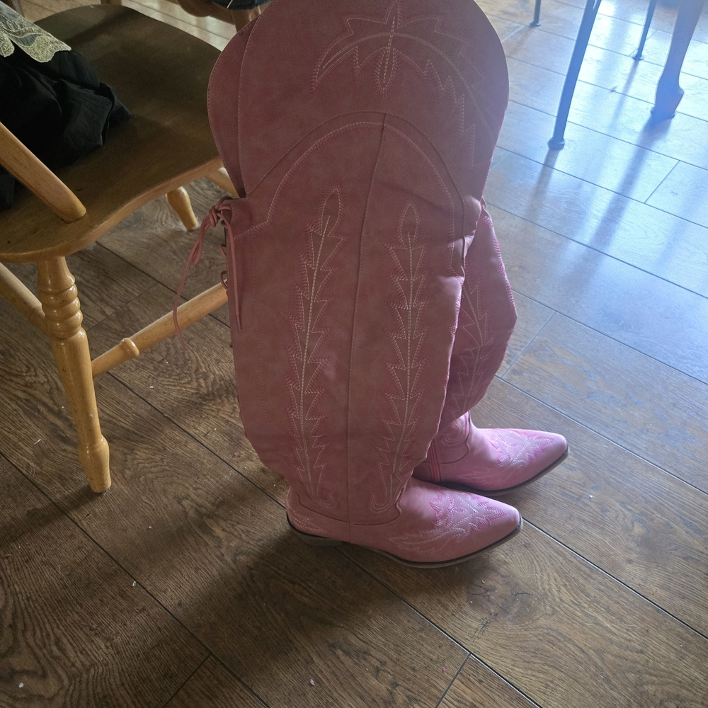 Very Cool Thigh High, Pink Embroidered Western Boots - Picture 4 of 8